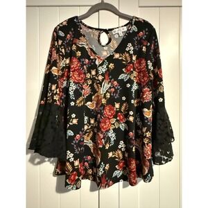 Stem & Vine Black Floral Bird Bell Sleeve Keyhole V Neck Blouse Top Womens L